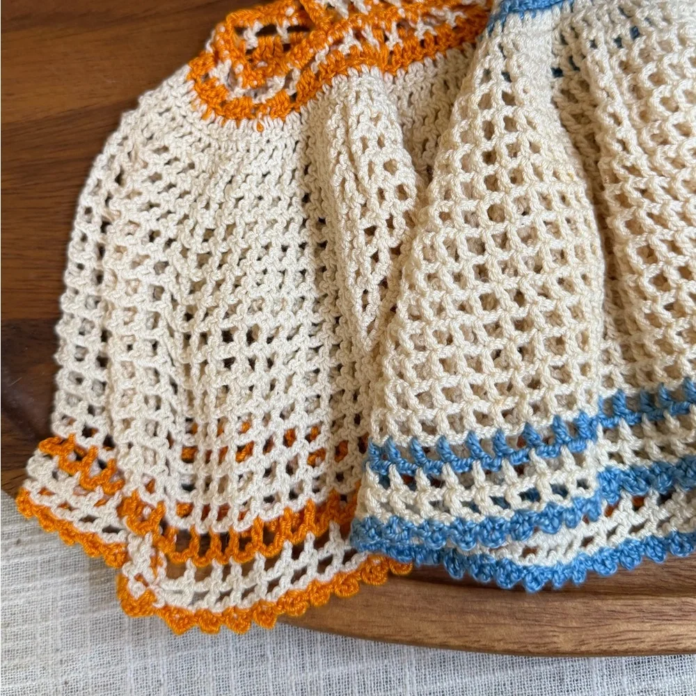 Vintage Crochet Dress Dish Towels Potholders Set Cottage Farmhouse Kitchen Decor